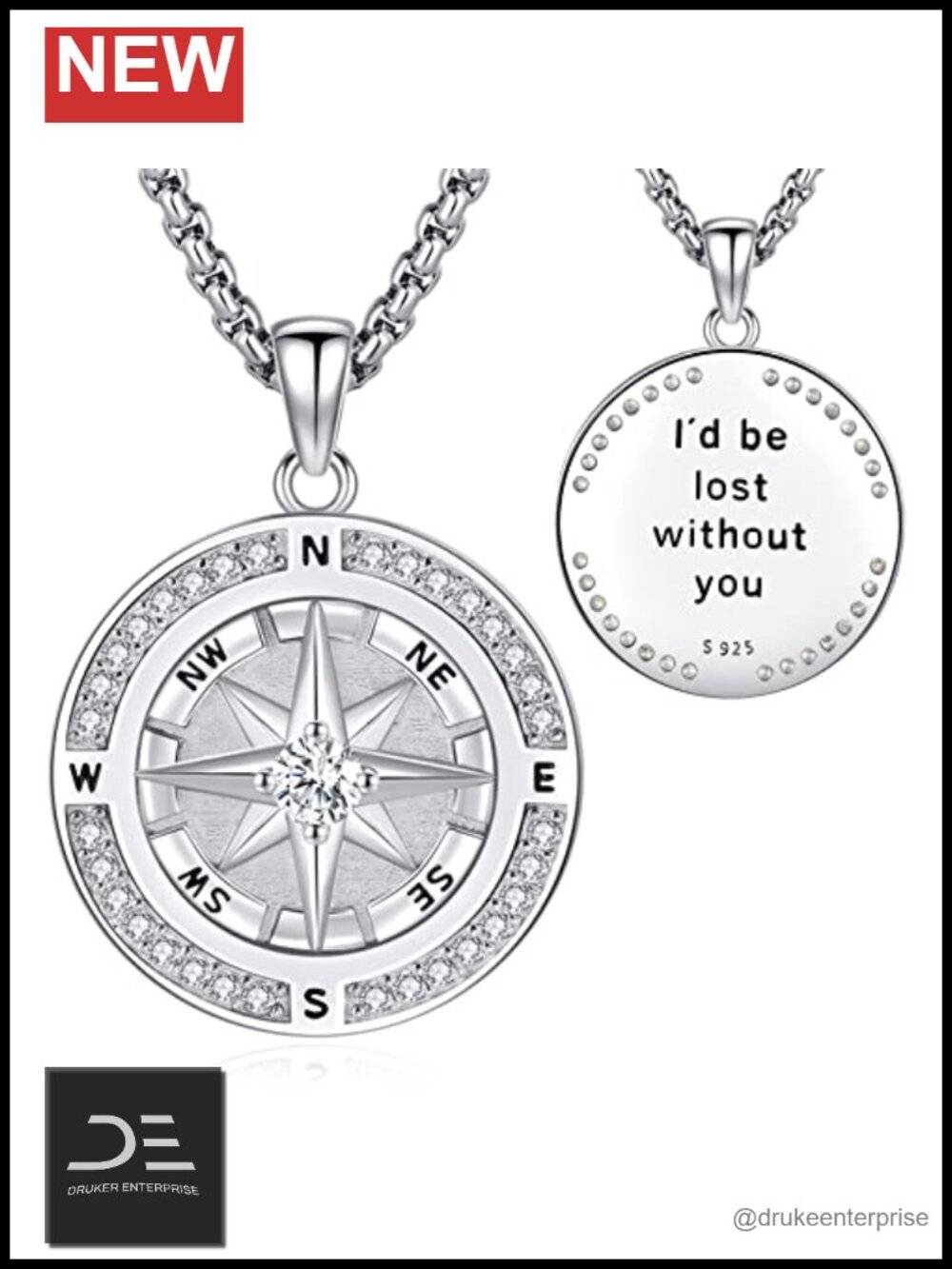 925 Sterling Silver Compass Pendant Necklace, White Gold Plated, Cubic